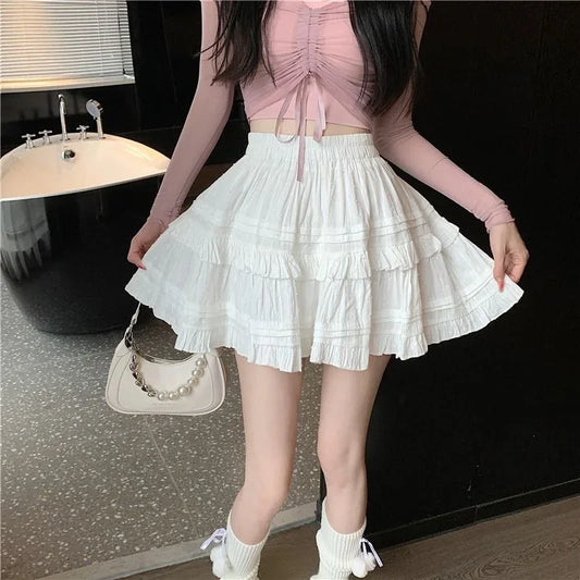 maoxiangshop Ruffle Pleated Mini Skirts Women Lolita Casual White Short Skirt Cutecore Korean Style Sweet Girl Black Layered Skirt