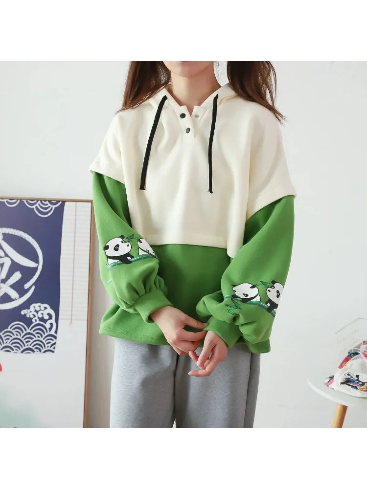 maoxiangshop Kawaii Panda Embroidery Fleece Women Hoodies Patchwork Drawstring Hooded Sweatshirt Winter Female Pullover Cute Tops
