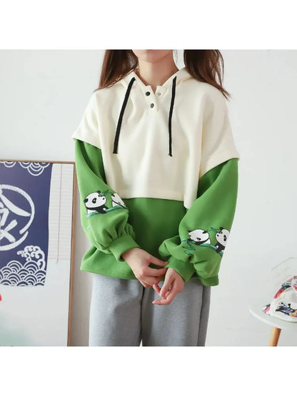 maoxiangshop Kawaii Panda Embroidery Fleece Women Hoodies Patchwork Drawstring Hooded Sweatshirt Winter Female Pullover Cute Tops
