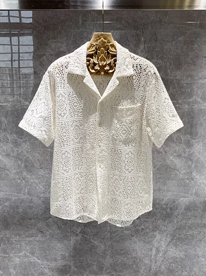 maoxiangshop Summer Mens Hollow Out Crochet Beach Shirt Short Sleeve Single Breasted Loose Fit Tops Vintage Breathable Night Clubwear Shirts