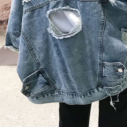 maoxiangshop Fashion Blue Ripped Denim Jacket Y2K Distressed Streetwear Hip Hop Broken Hole Jeans Biker Jackets Men's Spring Jackets