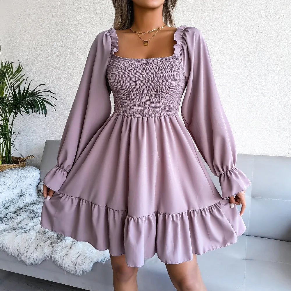 maoxiangshop Off Shoulder Ruffle Short Mini Dress Women Summer Fashion A Line Sundress Robe Female Solid Color Casual Sundress