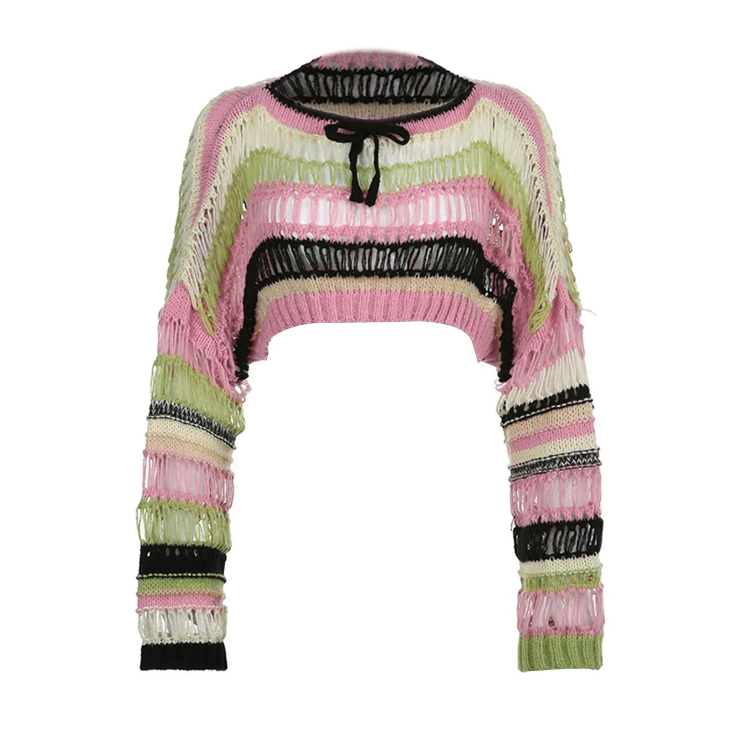 Y2K Women Crochet Shrug Pullovers Sweater Crop Top Patchwork Crewneck Long Sleeve Hollow Out Grunge Tops Vintage Streetwear