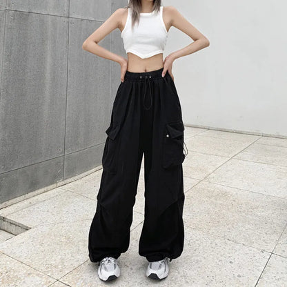maoxiangshopWomen Casual Joggers Tech Pants Solid Low Waist Sweatpants Drawstring Wide Leg Baggy Trousers Y2k Streetwear Oversize Sweatpants