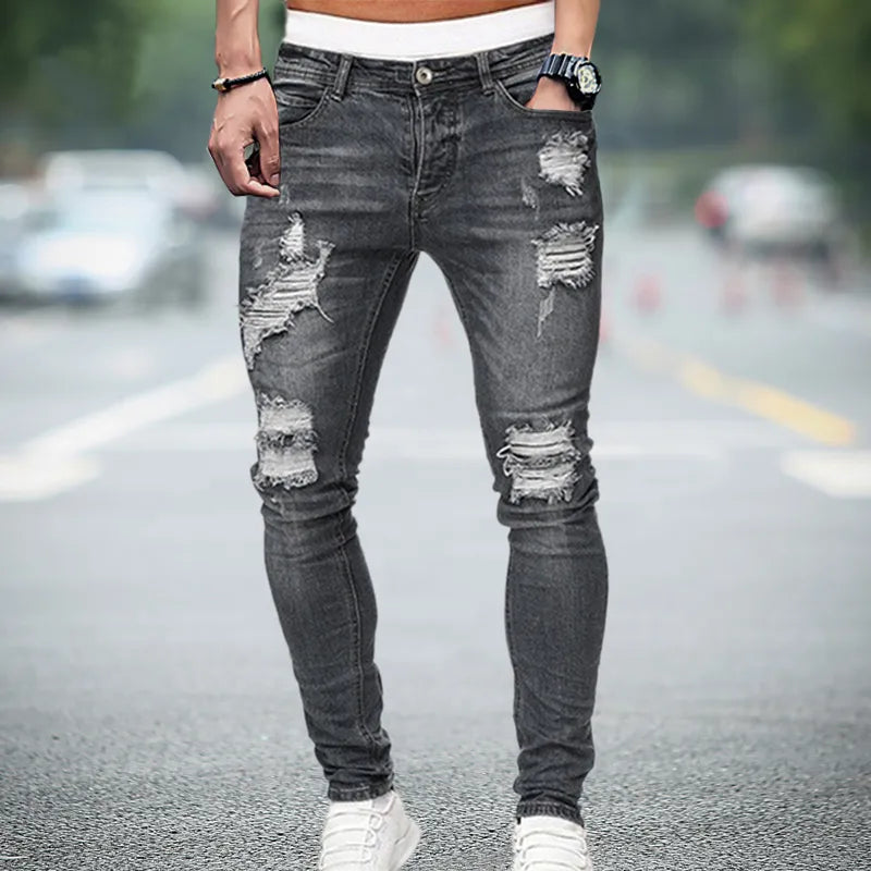maoxiangshop Men Jeans Knee Hole Ripped Stretch Skinny Denim Pants Solid Color Black Blue Autumn Summer Hip-Hop Style Slim Fit Trousers S-4XL