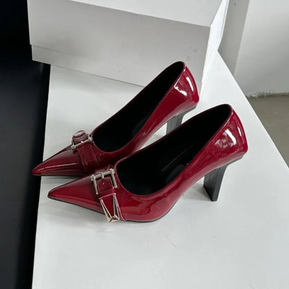 maoxiangshop  -  Patent Leather Sexy High Heels Women Metal Buckle Pointed Designer Pumps Female 2024 Fall Fashions Elegant Office Women Shoes