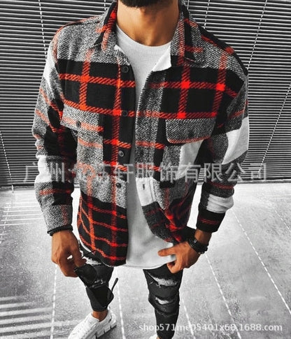 maoxiangshop Men Plaid Shirt Spring Fashion Large Size Pockets Long Sleeve Top Turn-down Collar Single-breasted Shirts