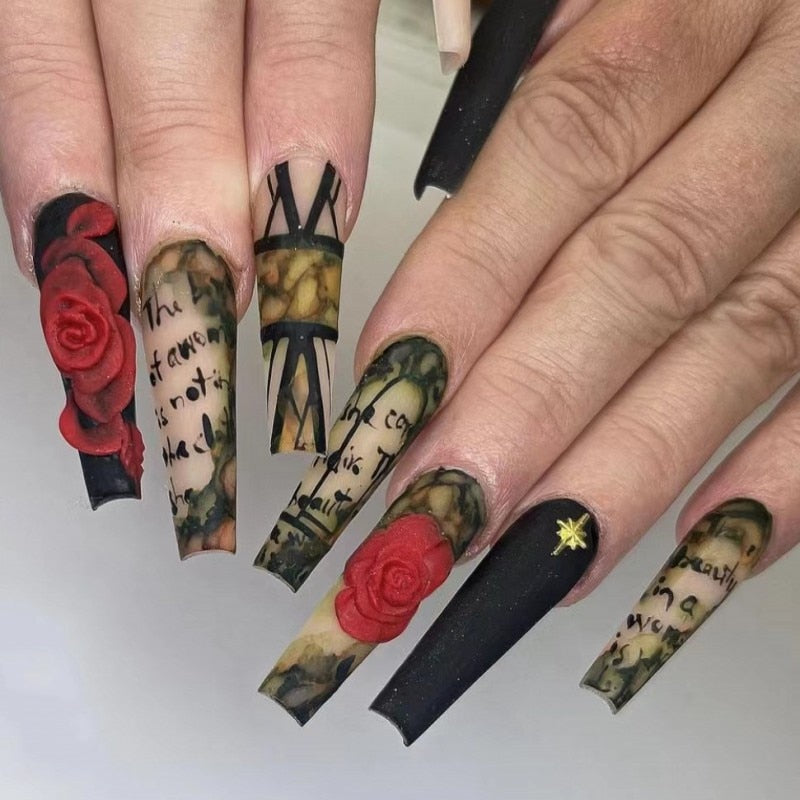 24Pcs Long Ballerina Nails Set Press on Wearable Artifical False Nails with Glue Roses Pattern Designs Fake Nails Manicure tips