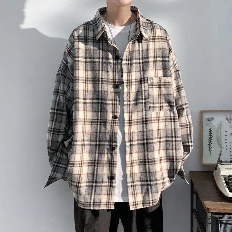 maoxiangshop Spring Autumn Casual Plaid Shirts Men Loose Turn Down Collar Long Sleeve Shirt for Man