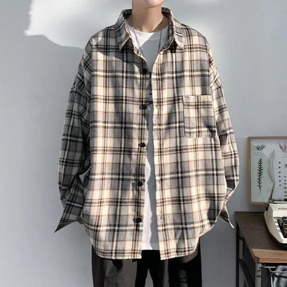 maoxiangshop Spring Autumn Casual Plaid Shirts Men Loose Turn Down Collar Long Sleeve Shirt for Man