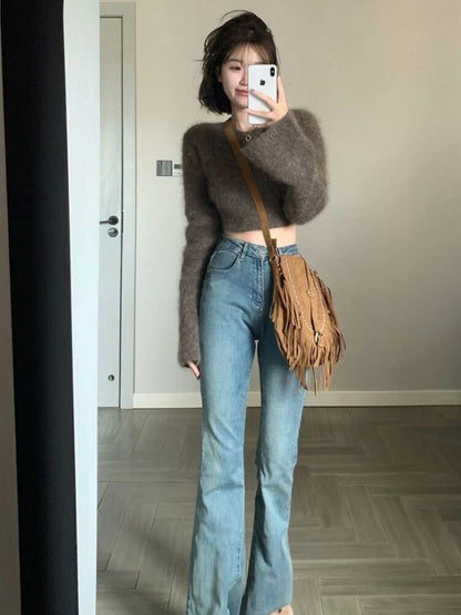 Vintage Mohair Cropped Sweater Women Korean Fashion Slim Knitted Jumper Elegant Soft Warm Flare Sleeve Tops High Street