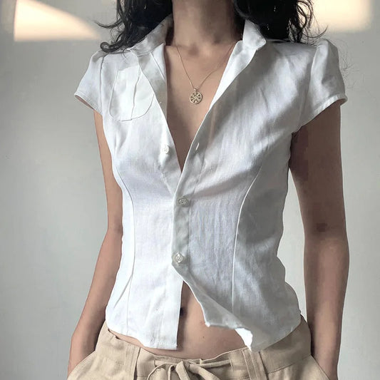 Vintage Fold Crop Top White Button Up Short Sleeve Blouse Women Pockets Korean Style T-shirts Casual Streetwear Y2k 2024