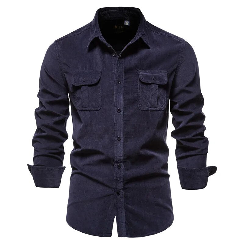 maoxiangshop New Men's Shirt Fashion Corduroy Shirts Men Business Casual Single Breasted Cotton Men Shirts Solid Color Slim Fit Full Top