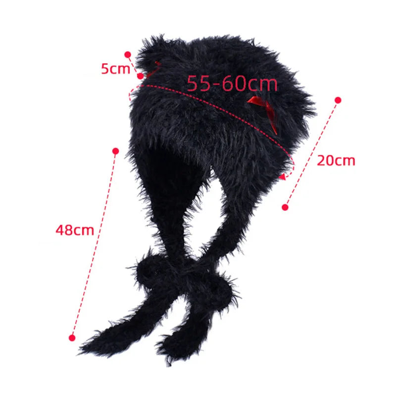 maoxiangshop  -  Winter Fur Hat Cat Women Ears Bow Knitted Beanies with Strap Outdoor Windproof Warm Thickened Bonnet Fashion Ear Protection Caps