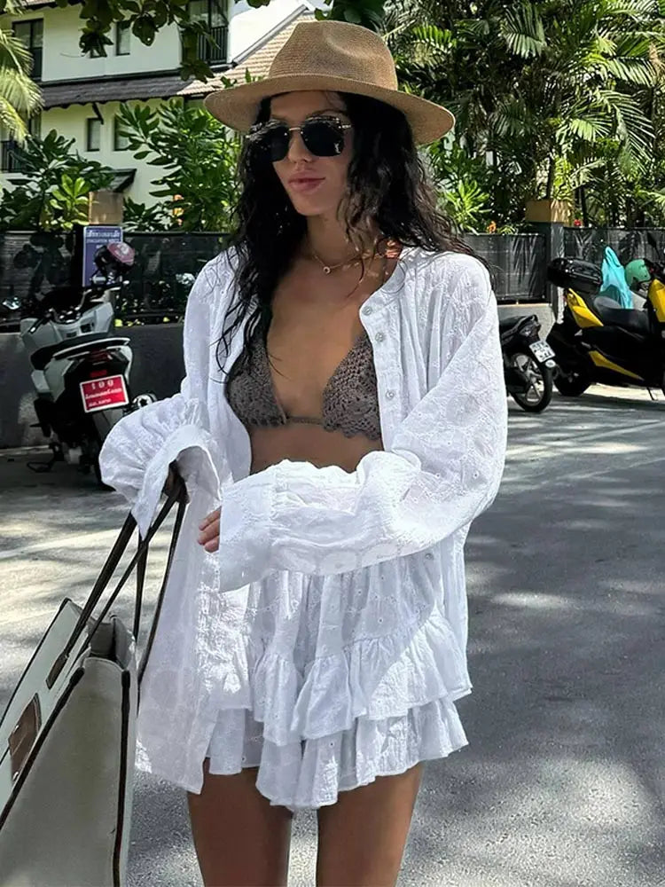 Women's Spring Hollow Out Skirt Suit Chic Long Sleeve Single Breasted Shirts Tiered Mini Skirts Set Female Summer New Beachwear