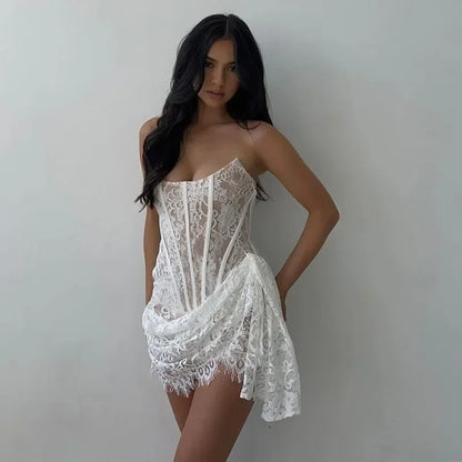 maoxiangshop-Sexy Asymmetric Sheer Lace Mini Dresses White Fishbone Corset Dress Birthday Party Club Outfits for Women C33-DI15