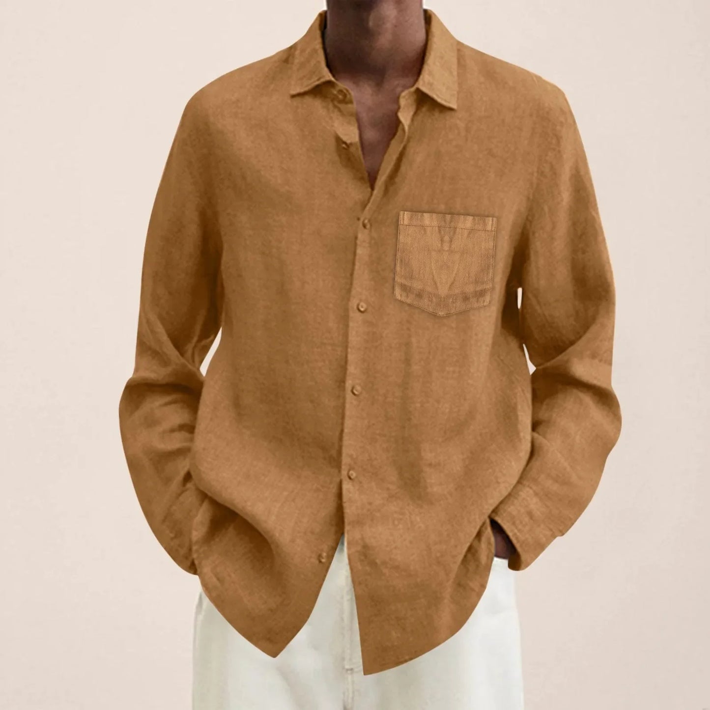 maoxiangshop Male Summer Cotton Linen Solid Casual Plus Size Loose Shirt Mens Turn Down Long Sleeve Shirt