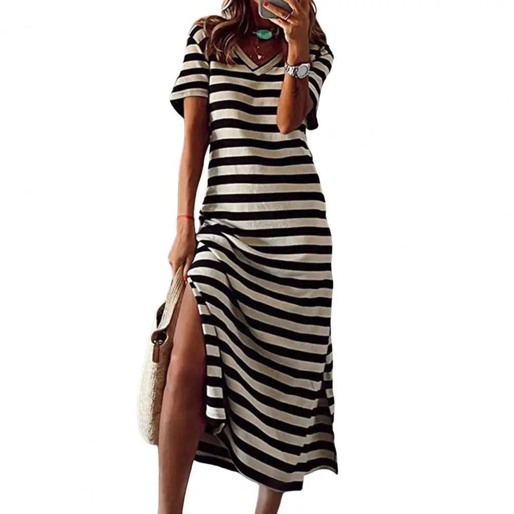 maoxiangshop Summer Dresses Woman Plus Size Dresses For Women Casual Stripe Print V-neck Short Sleeve Loose Long Dress Robe Femme