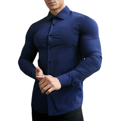 maoxiangshop New Fashion Casual long Sleeve Solid Shirt Mens Super Slim Fit Male Social Business Dress Shirt Men Gym Fitness Sports Clothing