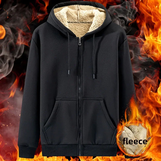 maoxiangshop Autumn Winter New Men's Fleece Lined Thickened Sweatshirt Cardigan Hooded Zip Up Versatile Casual Jacket Warm Lambswool