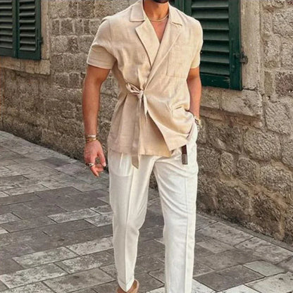 maoxiangshop Summer Solid Color Linen Short-sleeved Shirt Suit Lapel Strap French Elegant Gentleman Loose Casual Simple Top Men's Clothing