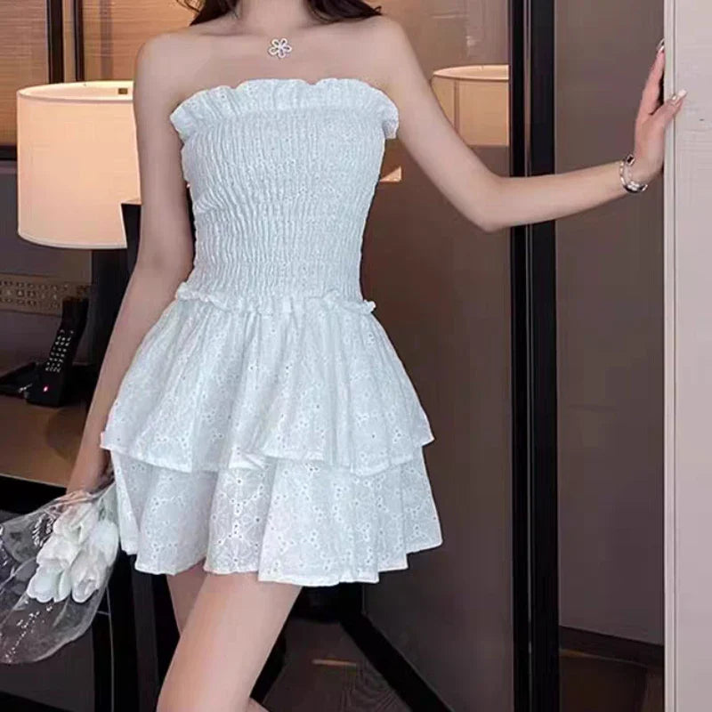 maoxiangshop White Lace Strapless Mini Dress Sweet Sexy Backless Girdle Waist Ruffle Casual Slim Dresses Party Vacation Short Dress