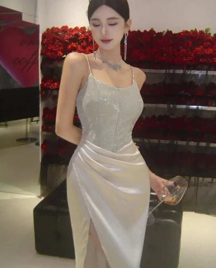 Elegant Shiny Satin Wedding Evening Dress For Women Summer Spaghetti Strap Luxurious Split Runway Vestidos Graduation Dresses