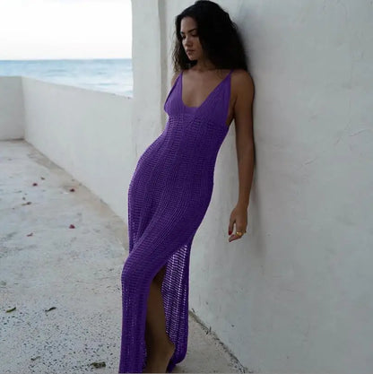 Women V-neck Bikini Cover-Up Dress Knitted Hollow See-through Swimsuit Cover-Up High Waist Sexy Crochet Beach Dresses