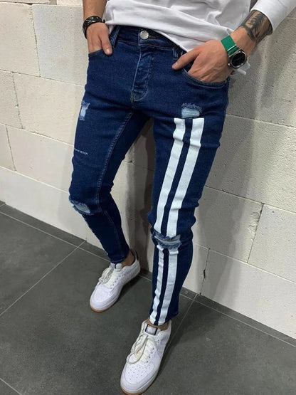 maoxiangshop Men Jeans Knee Hole Ripped Stretch Skinny Denim Pants Solid Color Black Blue Autumn Summer Hip-Hop Style Slim Fit Trousers S-4XL