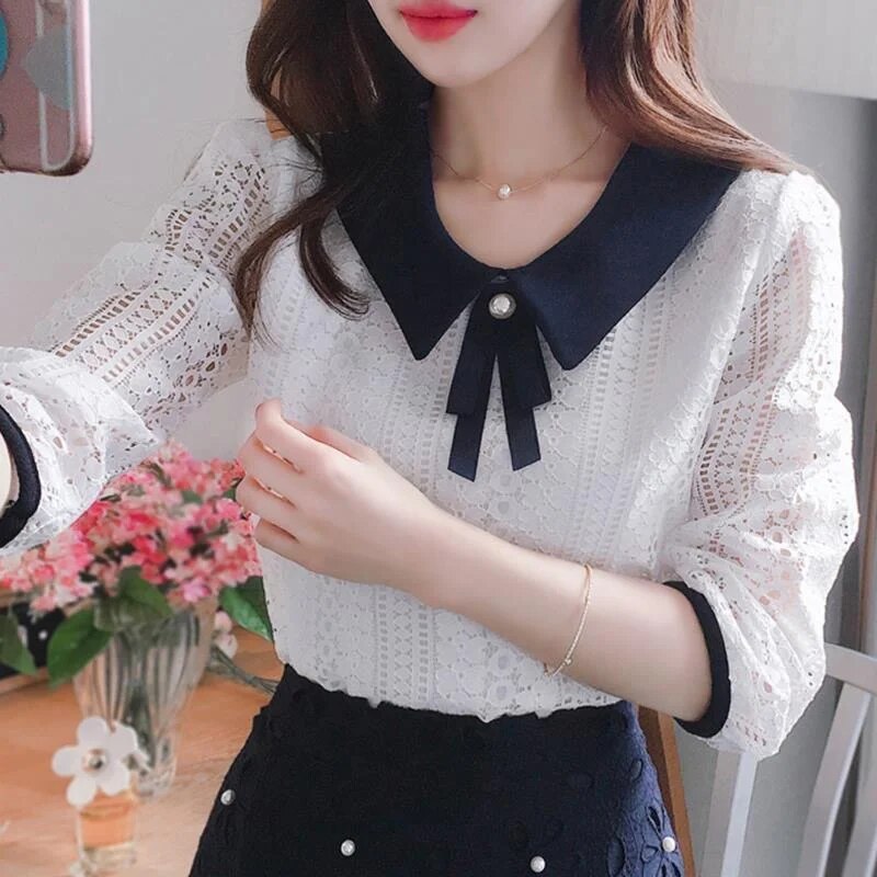 maoxiangshop Women's Spring Autumn Style Lace Blouses Shirt Women Peter Pan Collar Solid Color Half Sleeve Elegant Lace Tops SP8676