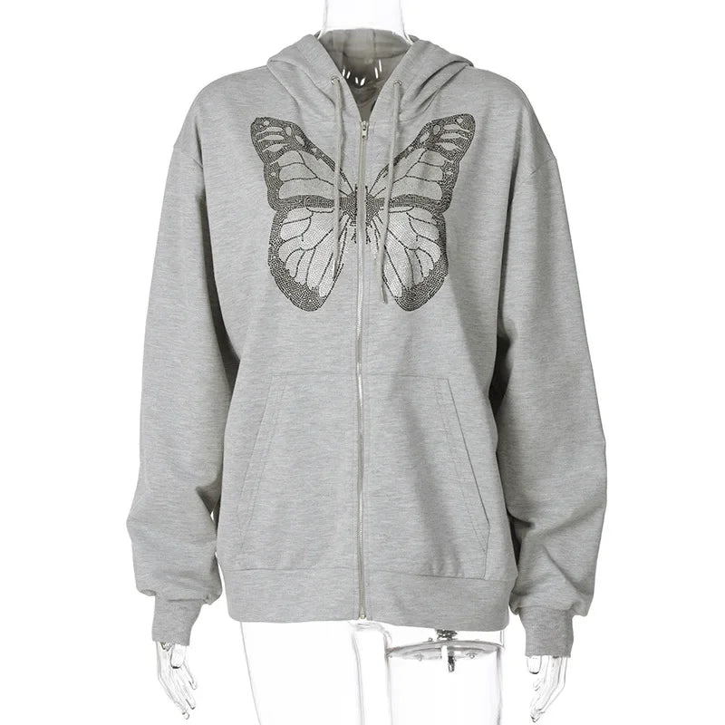 maoxiangshop  -  2024 Women's New All-match Casual Top Female Solid Pullover Woman Butterfly Print Long Sleeve Hooded Sweatshirt for Fall/winter