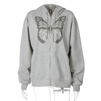 maoxiangshop  -  2024 Women's New All-match Casual Top Female Solid Pullover Woman Butterfly Print Long Sleeve Hooded Sweatshirt for Fall/winter