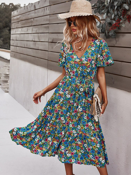 Spring New Short Sleeve Floral Dress Women Casual High Waist Sexy V Neck Print Summer Long Dress