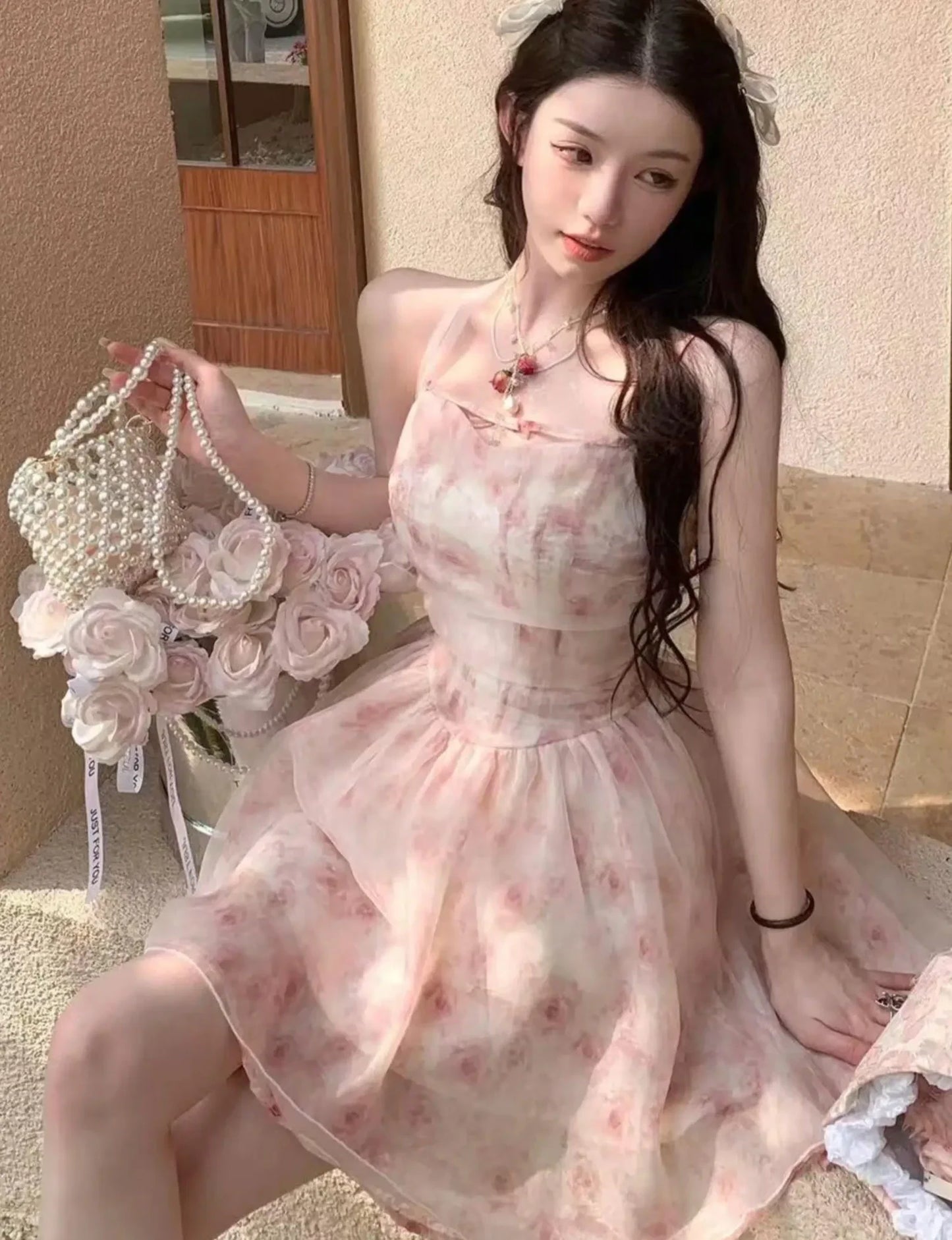 Summer Elegant Korean Sweet Pink Halter Dress Women Casual Y2K Print Chiffon Sleeveless Party Vestidos Fairy Princess Clothes