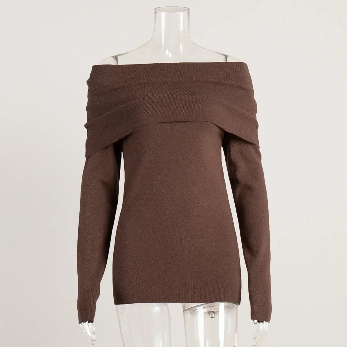 maoxiangshop  -  Women's Sweater Pullovers Long Sleeve Knitted One-Shoulder Sexy Slim Top Solid Color Autumn Winter 2024 Fashion Casual