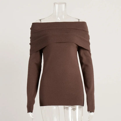 maoxiangshop  -  Women's Sweater Pullovers Long Sleeve Knitted One-Shoulder Sexy Slim Top Solid Color Autumn Winter 2024 Fashion Casual