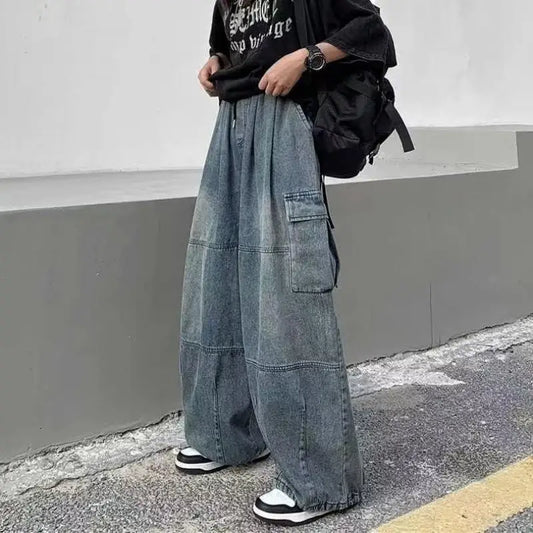 maoxiangshop 2024 Spring Autumn Men Baggy Jeans Men Wide Leg Pants Big Pockets Elastic Waist Streetwear Trousers Male Loose Denim Pants