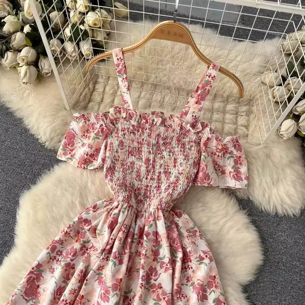 maoxiangshop Romantic Floral Print Long Summer Dress Women Fashion Off Shoulders Straps Vacation Beach Dress Korean Party Vestidos