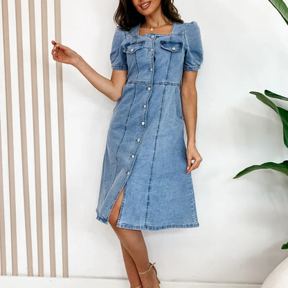 maoxiangshop Elegant Square Neck Single Breasted Slim Dress Summer Short Sleeved Commuting Women's Dress New Temperament Pocket Denim Dresses