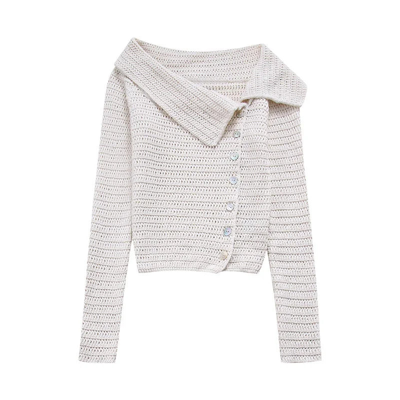 maoxiangshop  -  Single Off Shoulder Irregular Sweater Top Women 2024 Autumn Casual Fashion Solid Turn Down Collar Long Sleeve Breasted Lady Top