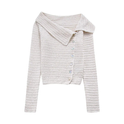 maoxiangshop  -  Single Off Shoulder Irregular Sweater Top Women 2024 Autumn Casual Fashion Solid Turn Down Collar Long Sleeve Breasted Lady Top