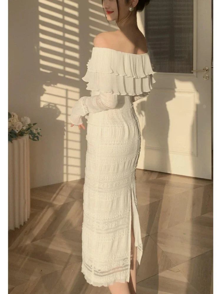 White Elegant Vintage Midi Dress Women Ruffles Sexy Beach Party Bodycon Dress Female Silm One Piece Dress Korean 2023 Summer Y2k