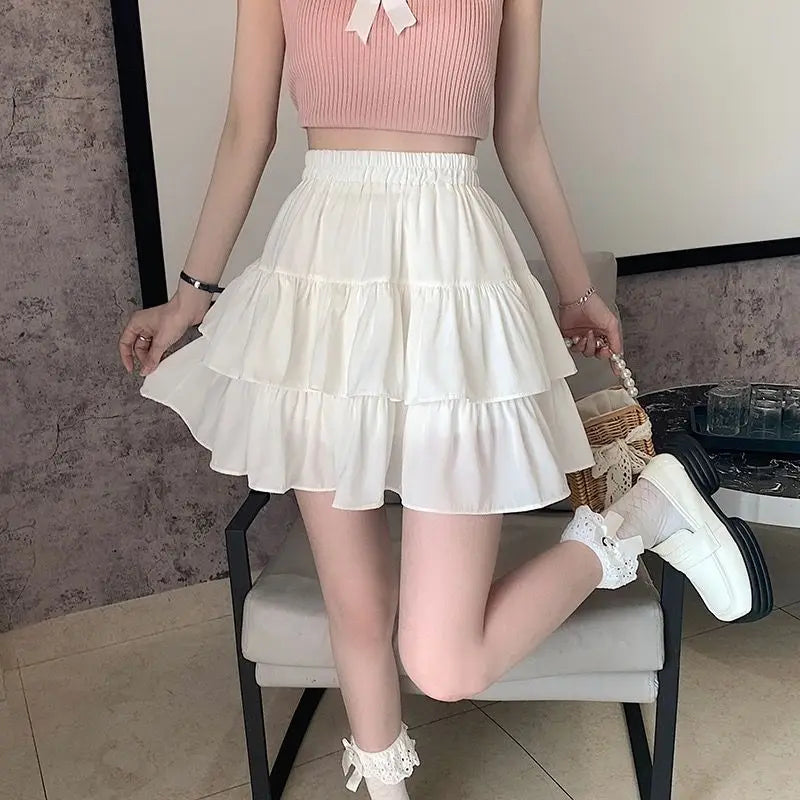 maoxiangshop White Ruffles Mini Skirt Women Kawaii Elastic Waist A-line Loose Preppy Style Cute Short Pleated Skirt Korean Fashion