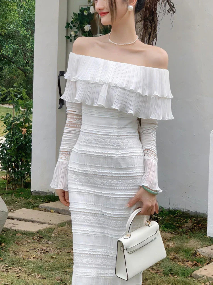 White Elegant Vintage Midi Dress Women Ruffles Sexy Beach Party Bodycon Dress Female Silm One Piece Dress Korean 2023 Summer Y2k