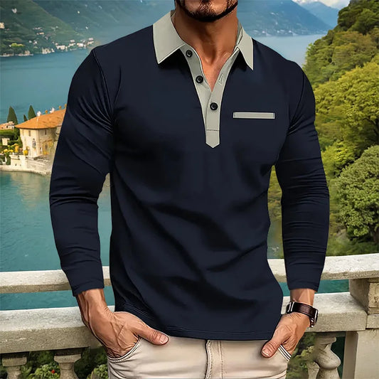 maoxiangshop Spring and Autumn Men's Long sleeved Polo Shirt Leisure Fashion Classic V-neck Polo Shirt European and American Large Sizes