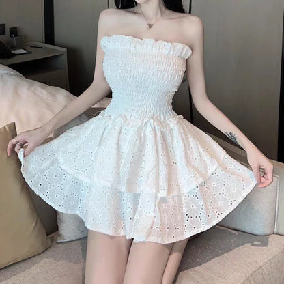 maoxiangshop White Lace Strapless Mini Dress Sweet Sexy Backless Girdle Waist Ruffle Casual Slim Dresses Party Vacation Short Dress