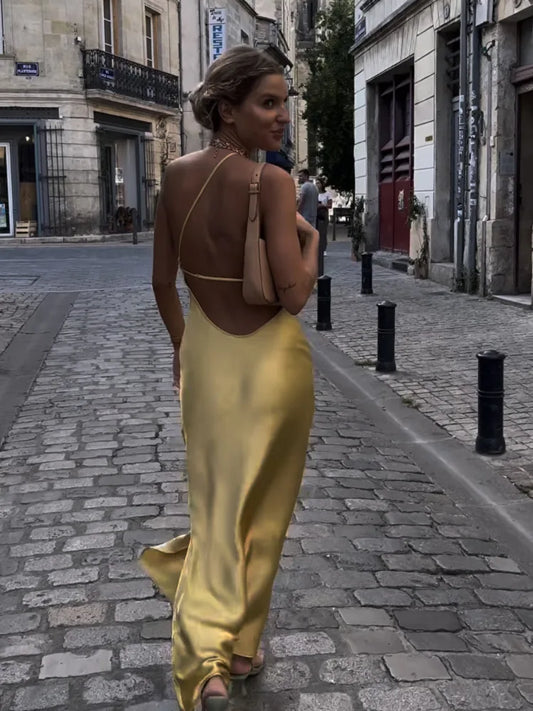 maoxiangshop-Sexy Satin Backless Beach Sundress Women Summer Halter Sleeveless High Split Long Maxi Dress Party Holiday Vestidos Robe