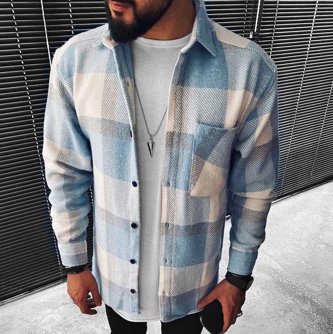 maoxiangshop Men Plaid Shirt Spring Fashion Large Size Pockets Long Sleeve Top Turn-down Collar Single-breasted Shirts