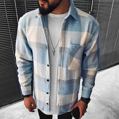 maoxiangshop Men Plaid Shirt Spring Fashion Large Size Pockets Long Sleeve Top Turn-down Collar Single-breasted Shirts
