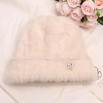 maoxiangshop New Fashion Rabbit Fur Y2k Beanies for Women Soft Warm Fluffy Angola Winter Hat Female Windproof Bonnet Hat Skullies Cap